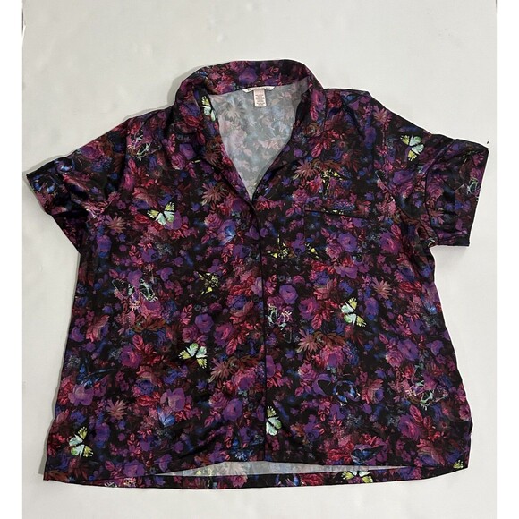 Victorias Secret Satin Notch Pajama Top Womens Large Floral Butterfly 2XL - Picture 1 of 6